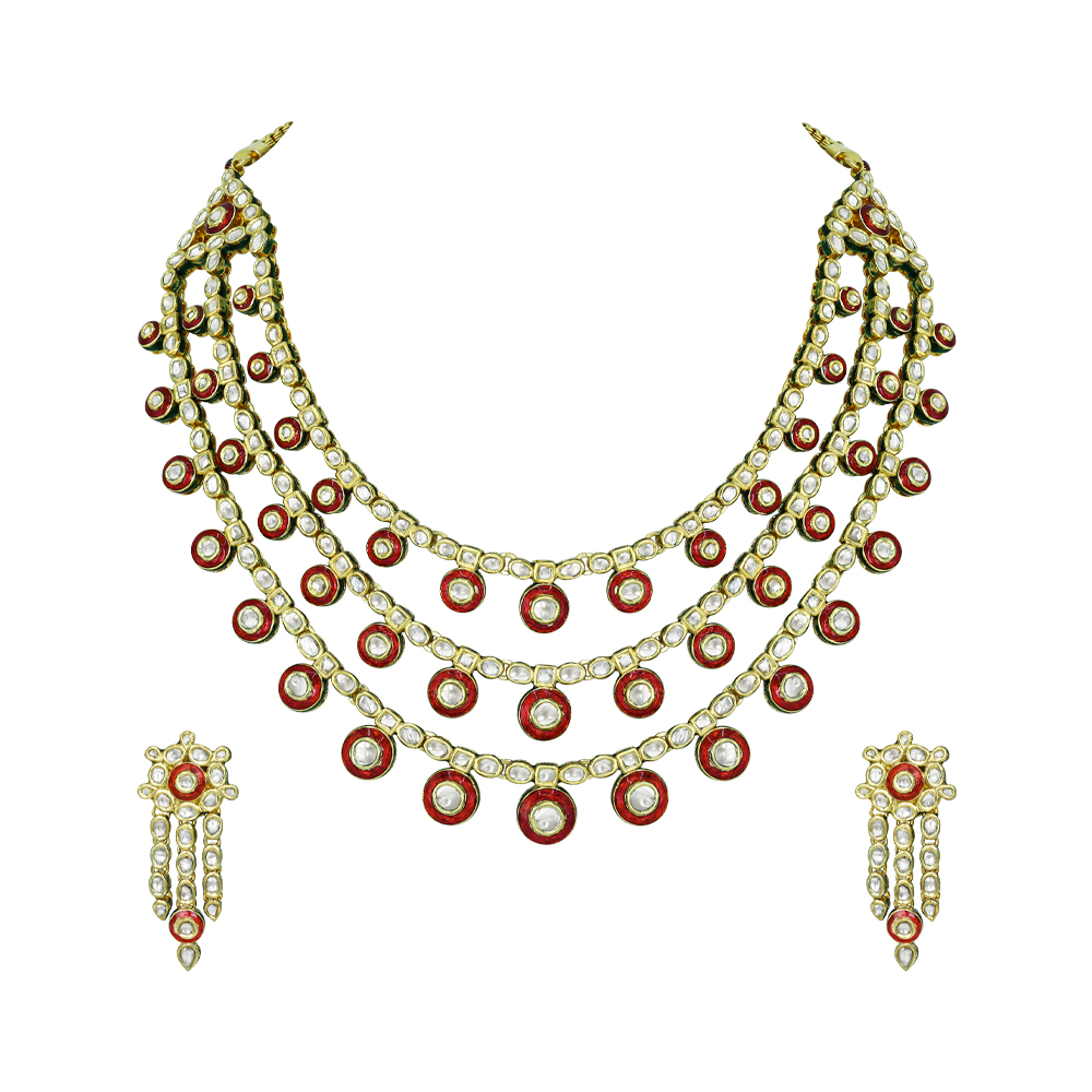 Layered Polki Necklace Set with Red Enamel and Circular Motifs